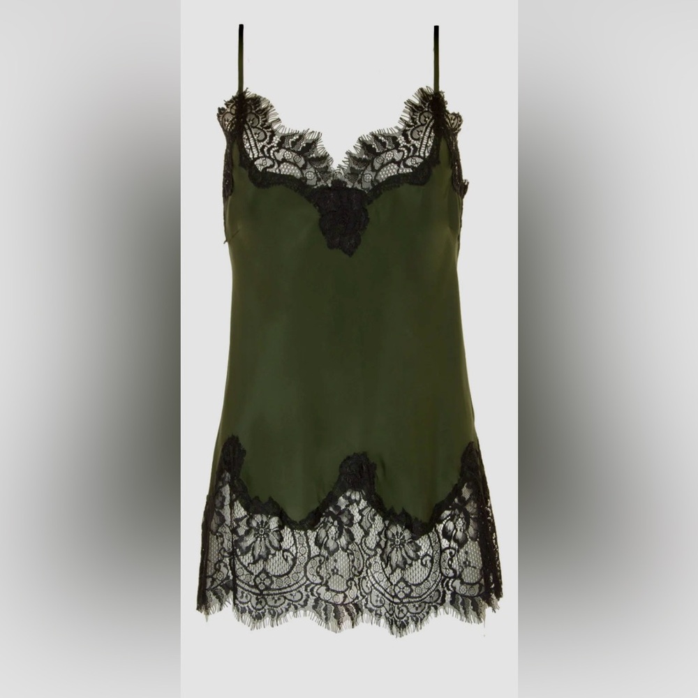 Silk Cami with lace by Gold Hawk. Contrast colors Duffle Green/black.